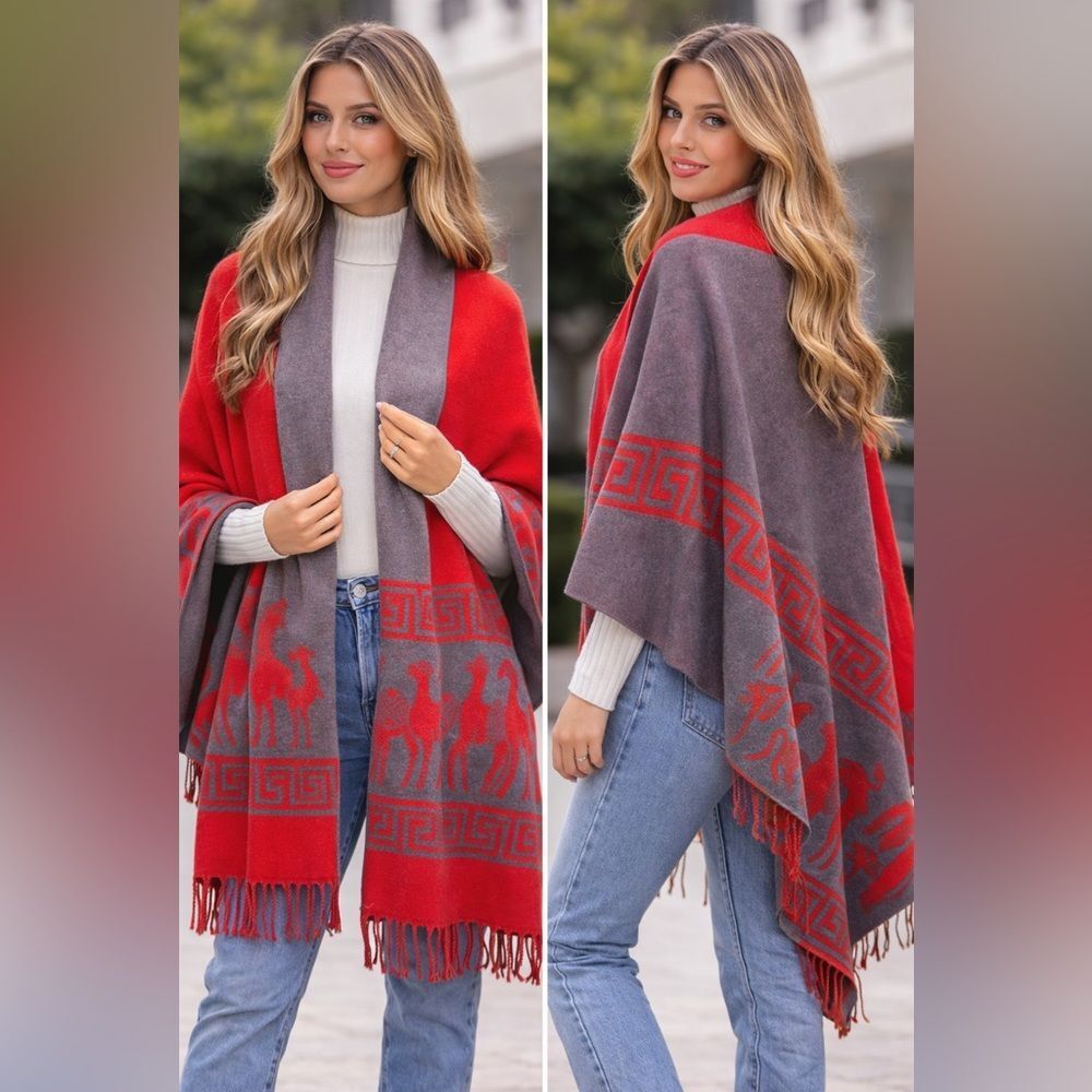 Reversible Red Gray Alpaca Blend Scarf Greek Key Llama Fringe Wrap Boho Cozy